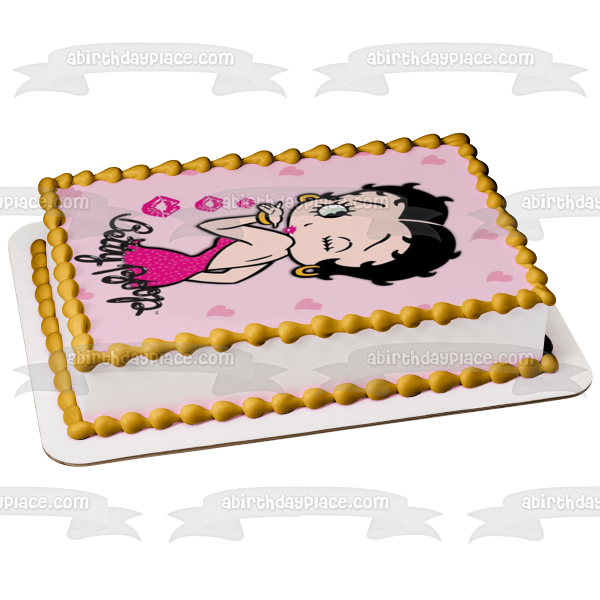 Betty Boop soplando un beso Fondo de corazones rosados ​​Imagen de decoración comestible para pastel ABPID11078 