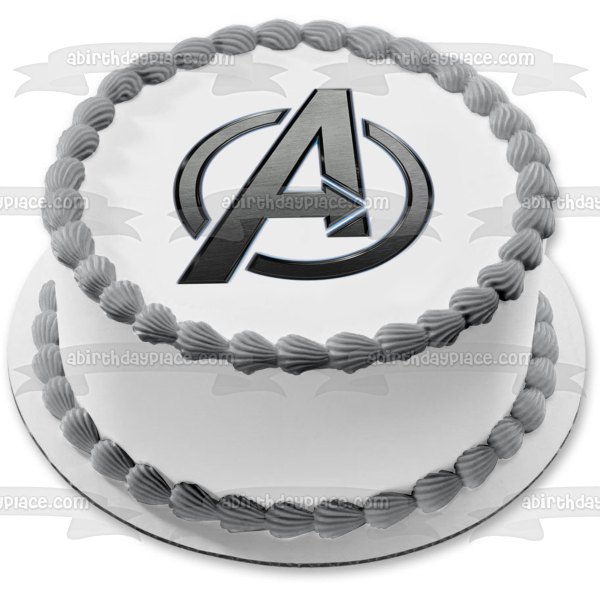 Adorno comestible para tarta con logotipo plateado de Marvel Avengers, imagen ABPID11317 