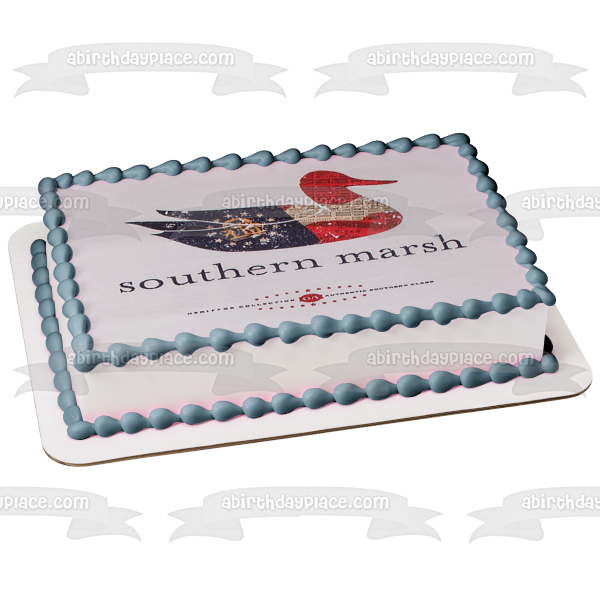 Logotipo de la colección Southern Marsh, fondo azul, adorno comestible para tarta, imagen ABPID11340 