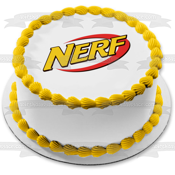 Imagen comestible para decoración de tarta con logotipo de NERF, color amarillo y naranja, ABPID11377 