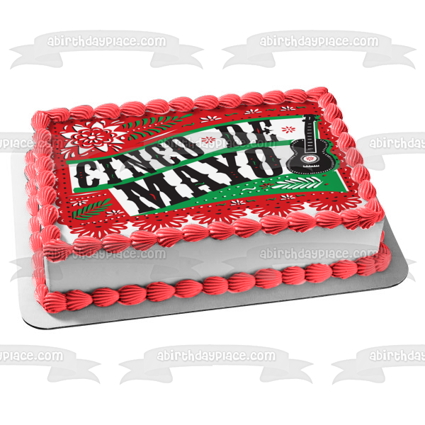 Cinco De Mayo Flag Black Guitar Red and Green Edible Cake Topper Image ABPID11380