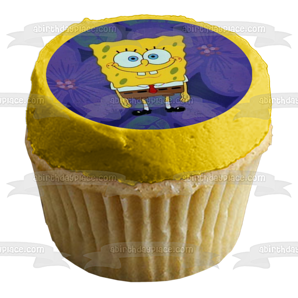 Adorno comestible para tarta con fondo de flores moradas de Bob Esponja, imagen ABPID11678 