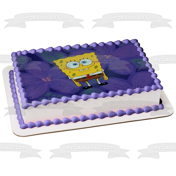 Adorno comestible para tarta con fondo de flores moradas de Bob Esponja, imagen ABPID11678 