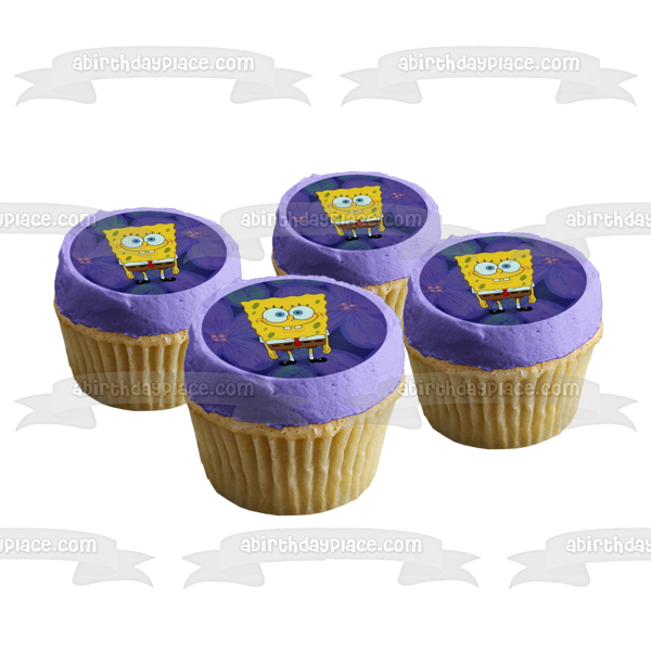 SpongeBob SquarePants Purple Flowers Background Edible Cake Topper Image ABPID11678