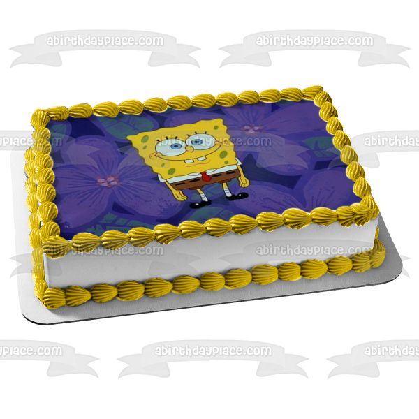 Adorno comestible para tarta con fondo de flores moradas de Bob Esponja, imagen ABPID11678 