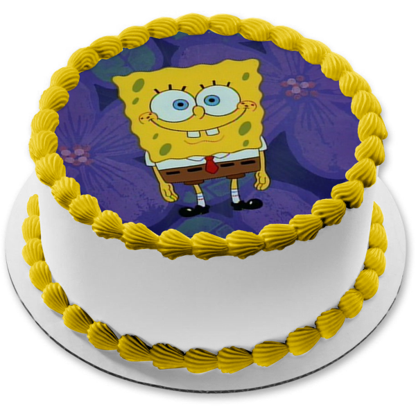 Adorno comestible para tarta con fondo de flores moradas de Bob Esponja, imagen ABPID11678 