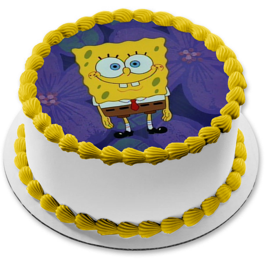 SpongeBob SquarePants Purple Flowers Background Edible Cake Topper Image ABPID11678