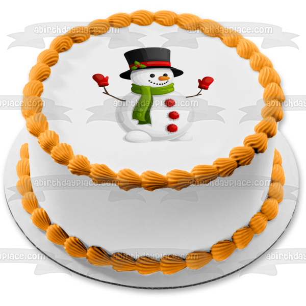 Merry Christmas Snowman Black Top Mistletoe Green Scarf Edible Cake Topper Image ABPID11409