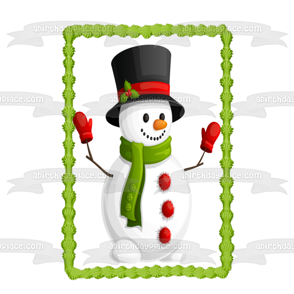 Merry Christmas Snowman Black Top Mistletoe Green Scarf Edible Cake Topper Image ABPID11409