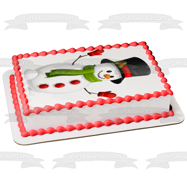 Merry Christmas Snowman Black Top Mistletoe Green Scarf Edible Cake Topper Image ABPID11409