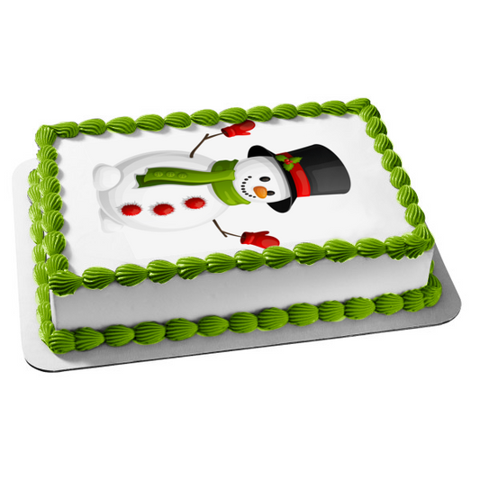 Merry Christmas Snowman Black Top Mistletoe Green Scarf Edible Cake Topper Image ABPID11409