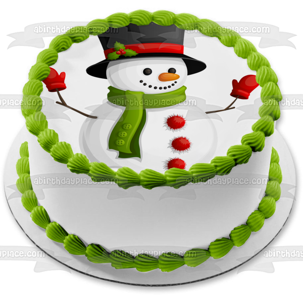 Merry Christmas Snowman Black Top Mistletoe Green Scarf Edible Cake Topper Image ABPID11409