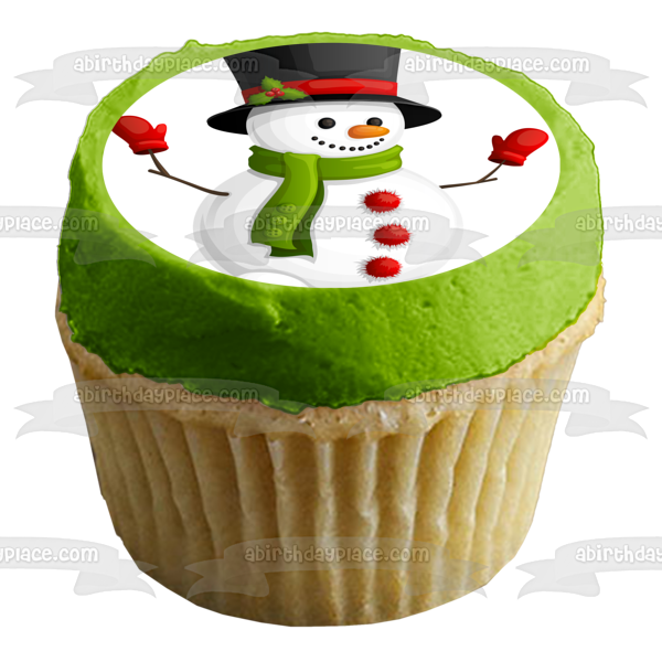 Merry Christmas Snowman Black Top Mistletoe Green Scarf Edible Cake Topper Image ABPID11409