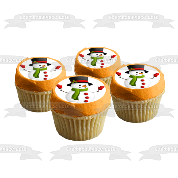 Merry Christmas Snowman Black Top Mistletoe Green Scarf Edible Cake Topper Image ABPID11409