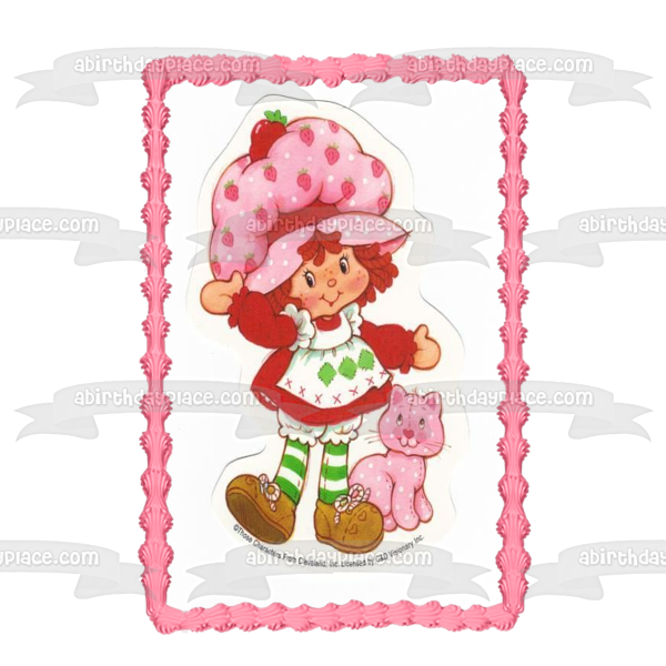 Strawberry Shortcake Waving Pink Cat Edible Cake Topper Image ABPID11939