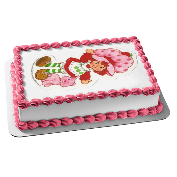 Strawberry Shortcake Waving Pink Cat Edible Cake Topper Image ABPID11939