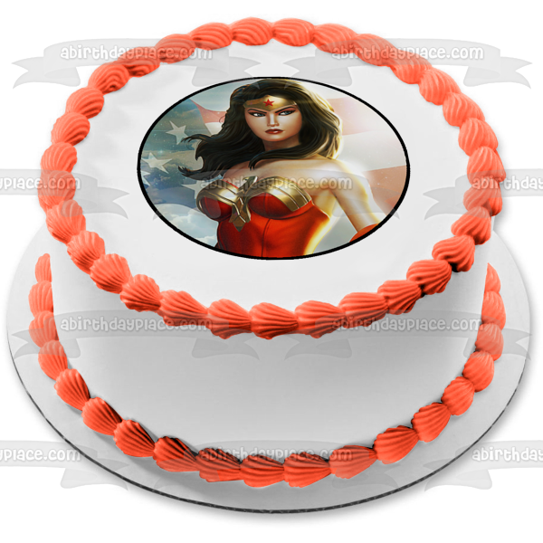 DC Comics Wonder Woman Liga de la Justicia Bandera Americana ondeando decoración comestible para tarta imagen ABPID11817 