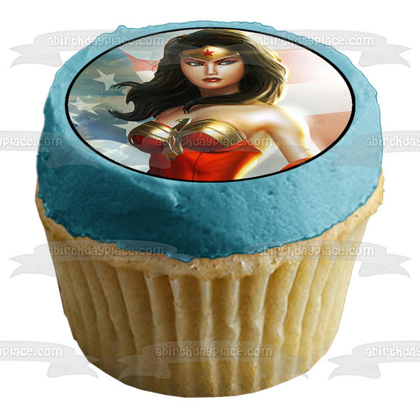 DC Comics Wonder Woman Liga de la Justicia Bandera Americana ondeando decoración comestible para tarta imagen ABPID11817 