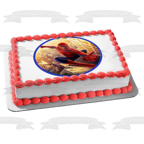 Imagen de decoración comestible para tarta de Marvel Spider-Man saltando sobre edificios ABPID11825 