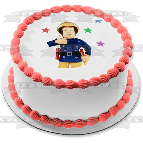 Fireman Sam Thumbs Up Stars Background Edible Cake Topper Image ABPID12053