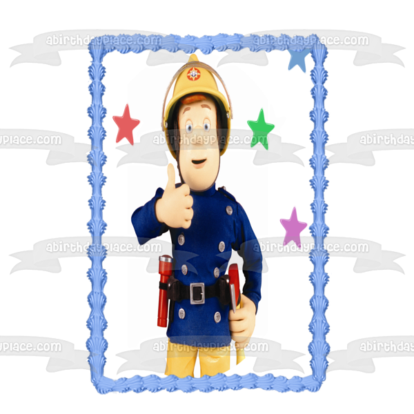 Fireman Sam Thumbs Up Stars Background Edible Cake Topper Image ABPID12053