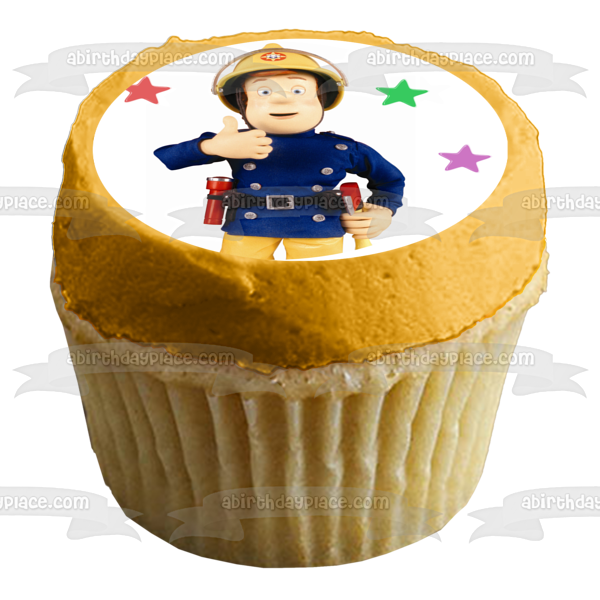 Fireman Sam Thumbs Up Stars Background Edible Cake Topper Image ABPID12053