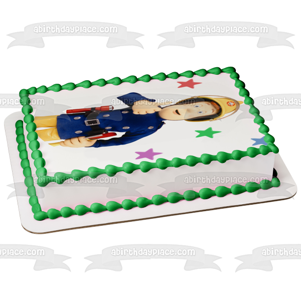 Fireman Sam Thumbs Up Stars Background Edible Cake Topper Image ABPID12053