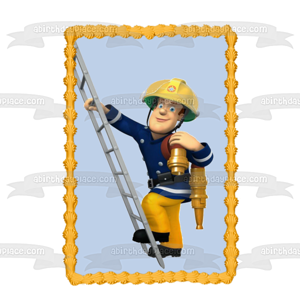 Fireman Sam Fire Hose Climbing a Ladder Edible Cake Topper Image ABPID12067