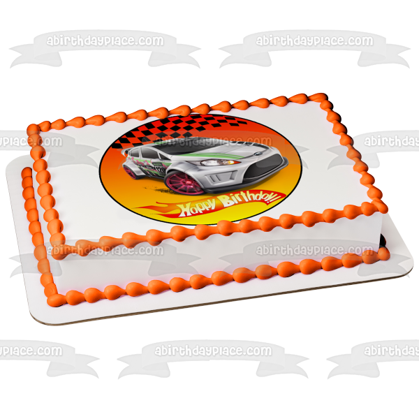 Hot Wheels Feliz cumpleaños coche plateado bandera a cuadros decoración comestible para tarta imagen ABPID12134 