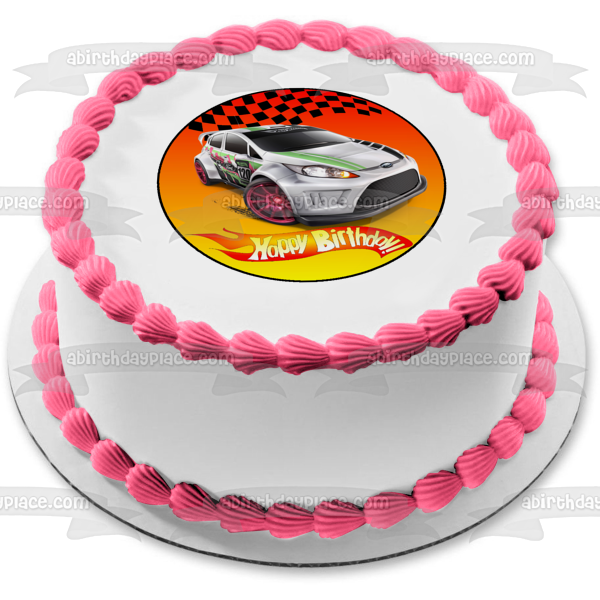 Hot Wheels Feliz cumpleaños coche plateado bandera a cuadros decoración comestible para tarta imagen ABPID12134 