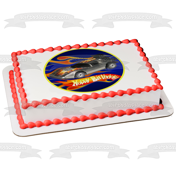 Mattel Hot Wheels Happy Birthday Silver Race Car Edible Cake Topper Image ABPID12139