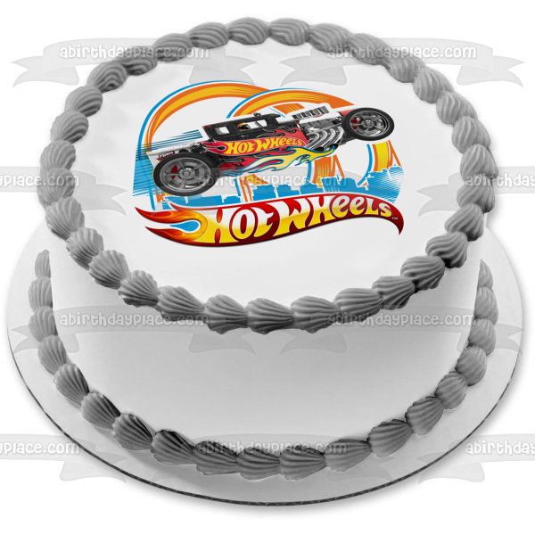 Mattel Hot Wheels Black and Silver Race Car Edible Cake Topper Image ABPID12144