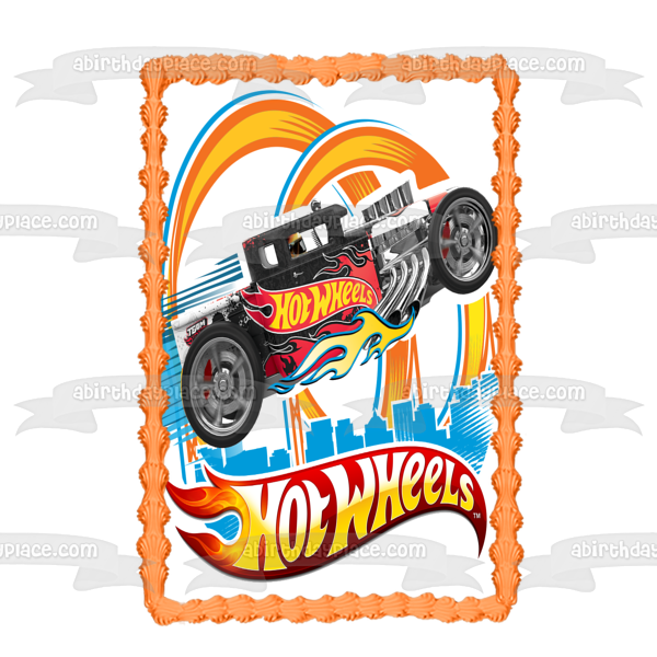 Mattel Hot Wheels Black and Silver Race Car Edible Cake Topper Image ABPID12144