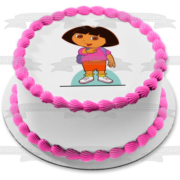 Adorno comestible para tarta con pulsera de flores y mochila de Dora la Exploradora Imagen ABPID12189 