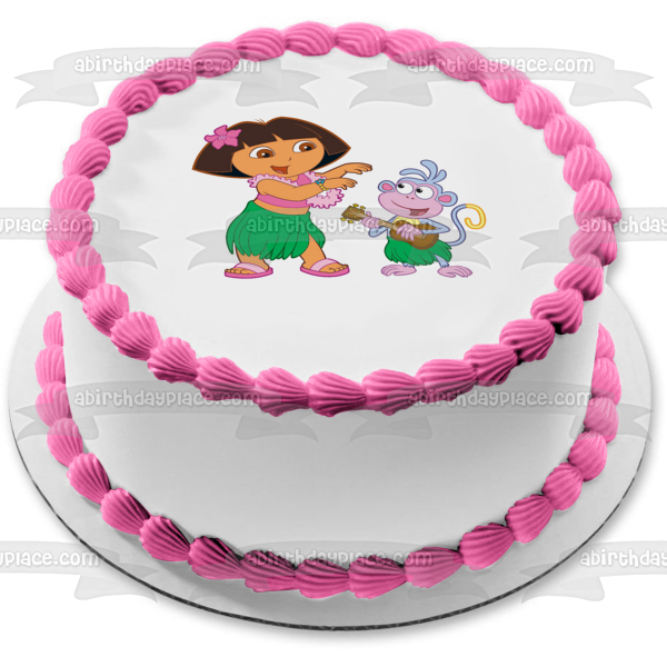 Adorno comestible para tarta con temática hawaiana de botas de Dora la Exploradora, imagen ABPID12192 