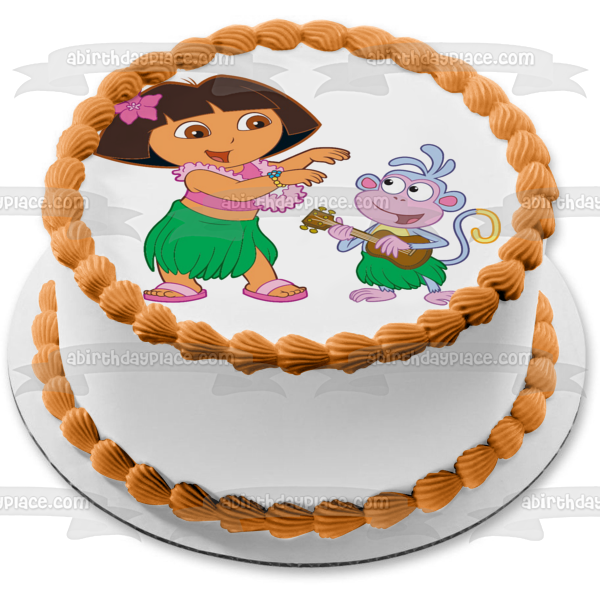 Adorno comestible para tarta con temática hawaiana de botas de Dora la Exploradora, imagen ABPID12192 