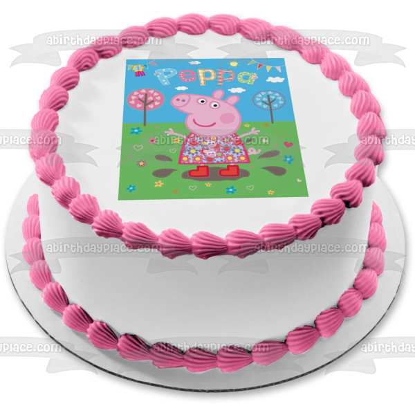 Peppa Pig Corazón Árboles Flores Adorno comestible para tarta Imagen ABPID12346 