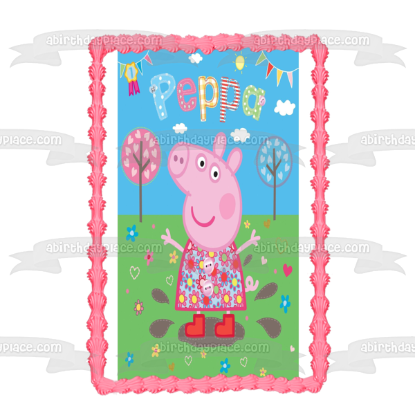 Peppa Pig Corazón Árboles Flores Adorno comestible para tarta Imagen ABPID12346 