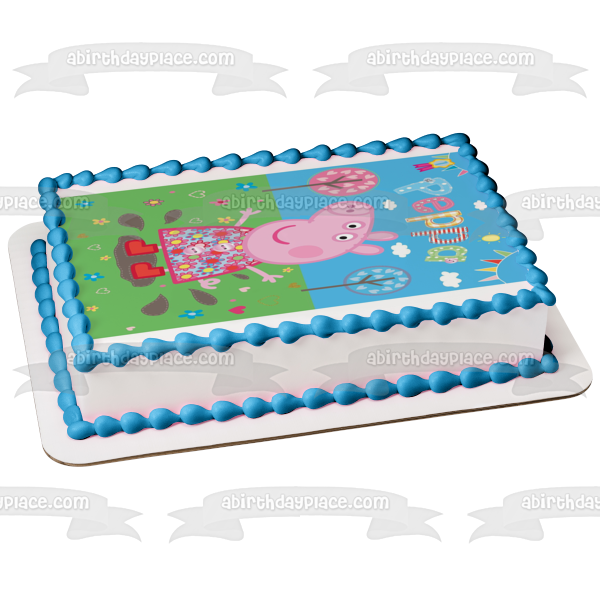 Peppa Pig Corazón Árboles Flores Adorno comestible para tarta Imagen ABPID12346 