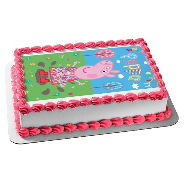 Peppa Pig Corazón Árboles Flores Adorno comestible para tarta Imagen ABPID12346 