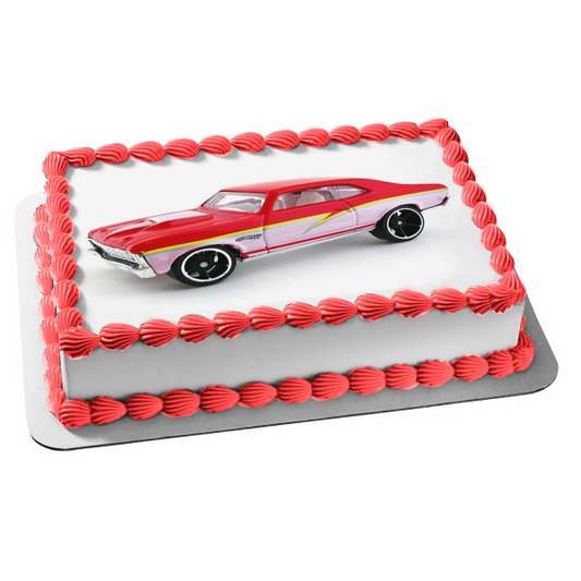 Imagen de decoración comestible para tarta comestible roja y blanca de coche de carreras personalizada ABPID12378 