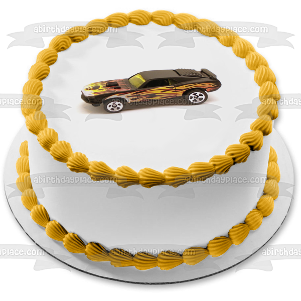 Adorno comestible para tarta con llamas negras y amarillas de coche de carreras personalizado, imagen ABPID12390 