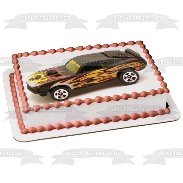 Adorno comestible para tarta con llamas negras y amarillas de coche de carreras personalizado, imagen ABPID12390 