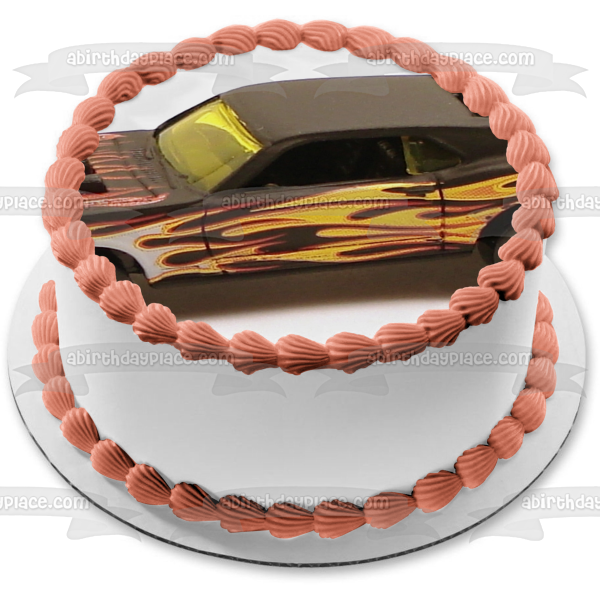 Adorno comestible para tarta con llamas negras y amarillas de coche de carreras personalizado, imagen ABPID12390 