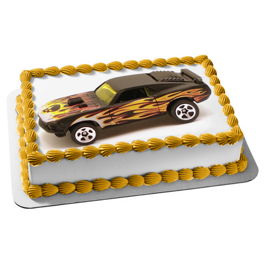 Adorno comestible para tarta con llamas negras y amarillas de coche de carreras personalizado, imagen ABPID12390 