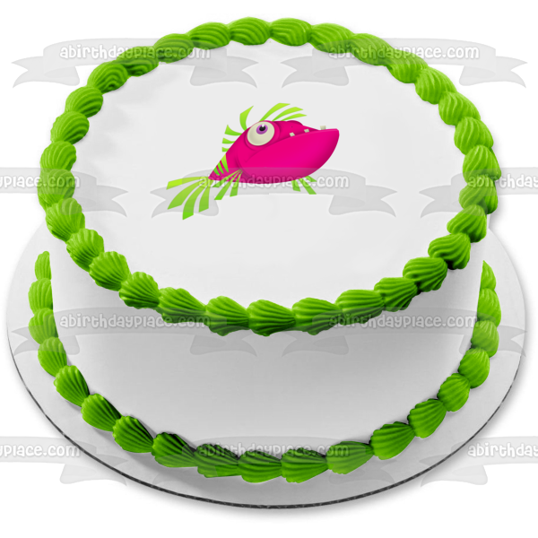 Adorno comestible para tarta con pez tropical rosa y verde de dibujos animados, imagen ABPID12656 