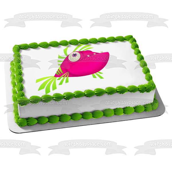 Adorno comestible para tarta con pez tropical rosa y verde de dibujos animados, imagen ABPID12656 