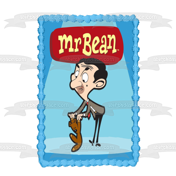 Mr. Bean Cartoon Teddy Blue Background Edible Cake Topper Image ABPID12976