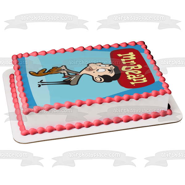 Mr. Bean Cartoon Teddy Blue Background Edible Cake Topper Image ABPID12976