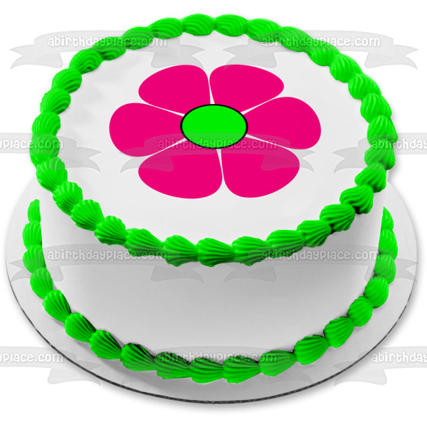 Adorno comestible para tarta con flor de dibujos animados rosa y verde, imagen ABPID12986 